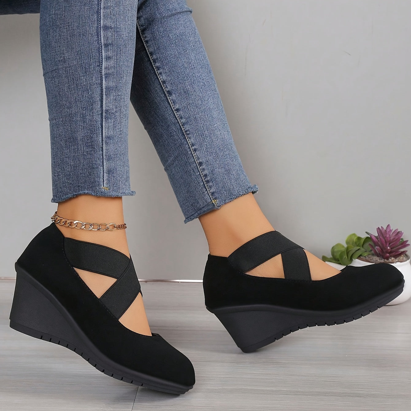 Women's Solid Color Trendy Pumps with Elastic Crisscross Bands and Wedge Sole
