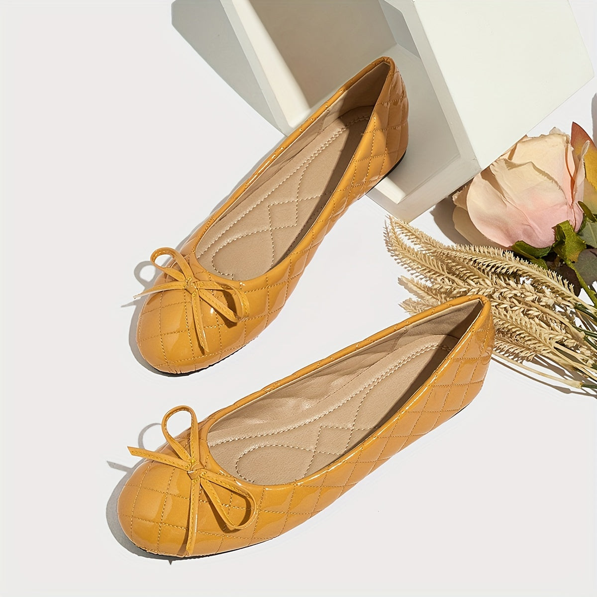 Women's Quilted Ballet Flats with Round Toe and Ankle Tie