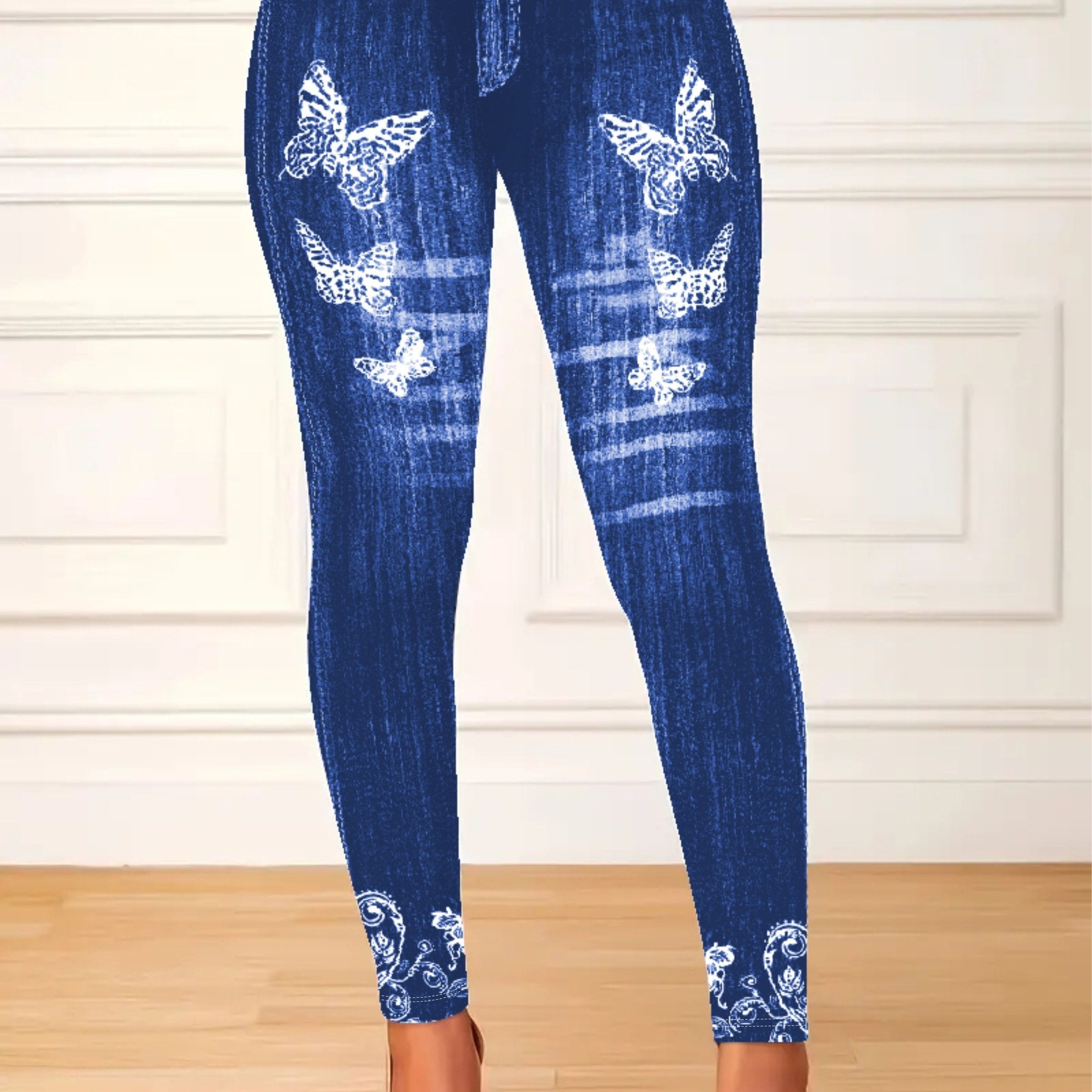 Plus Size Women's Stretchy Butterfly and Denim Print High Waist Leggings