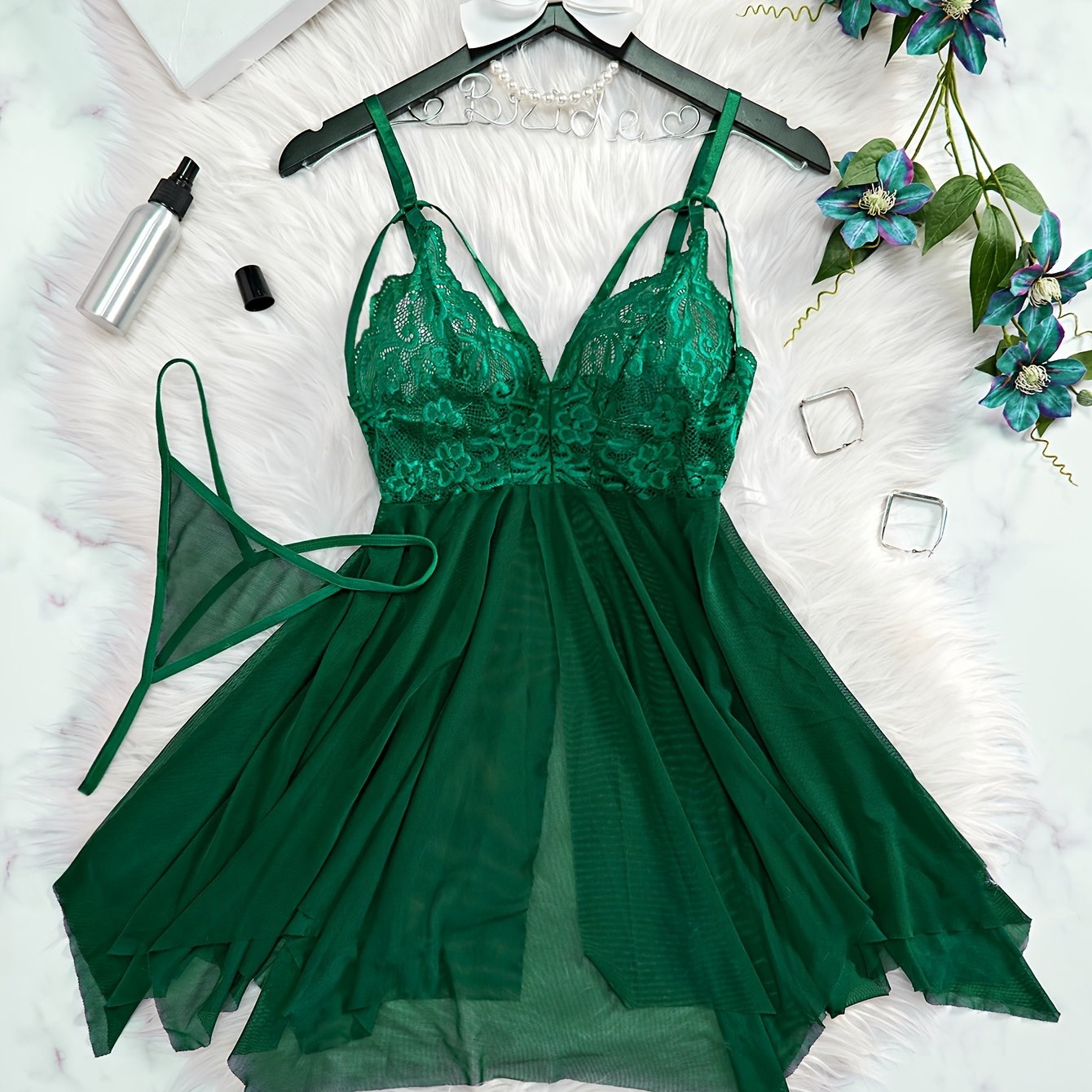 Women's Floral Lace Nightdress with Mesh Contrast V-Neck Backless Asymmetric Hem and Thongs