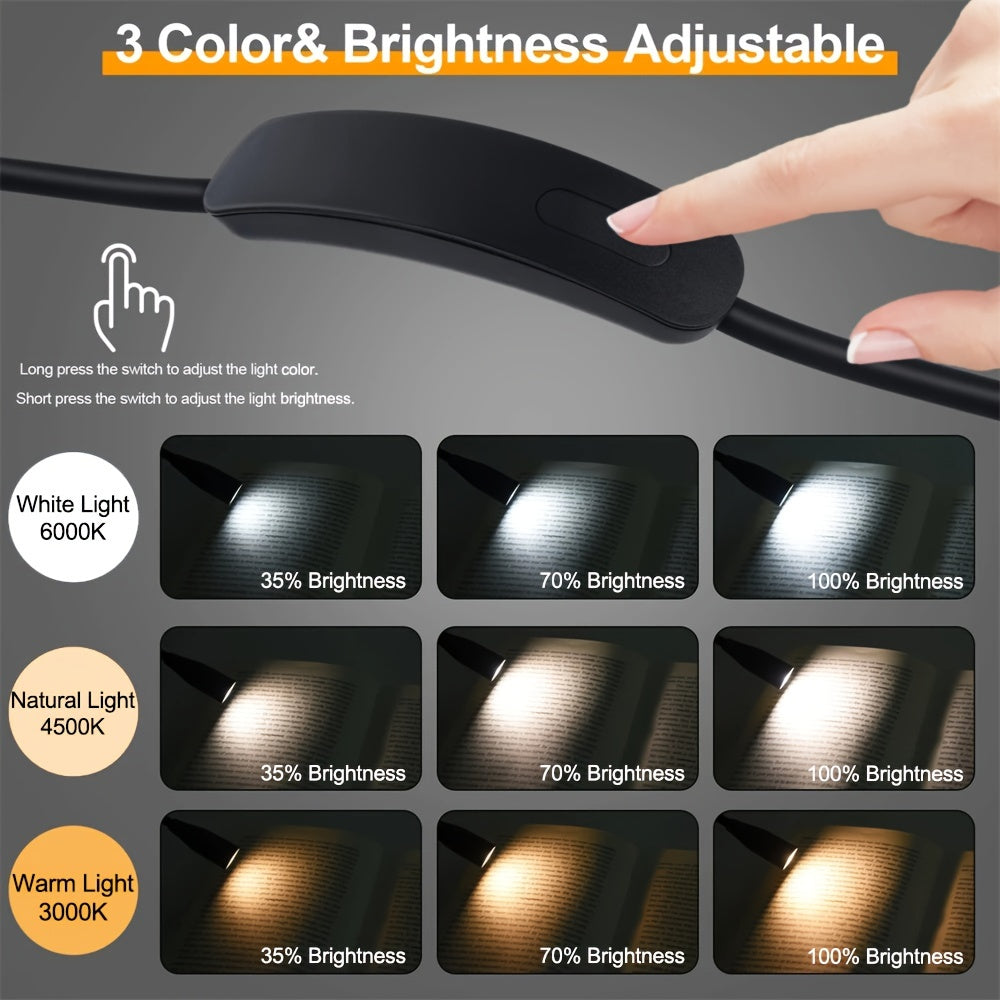 Luz de lectura flexible LED para cuello con 3 modos de color, recargable por USB, ajuste de brillo para cama, camping y actividades al aire libre