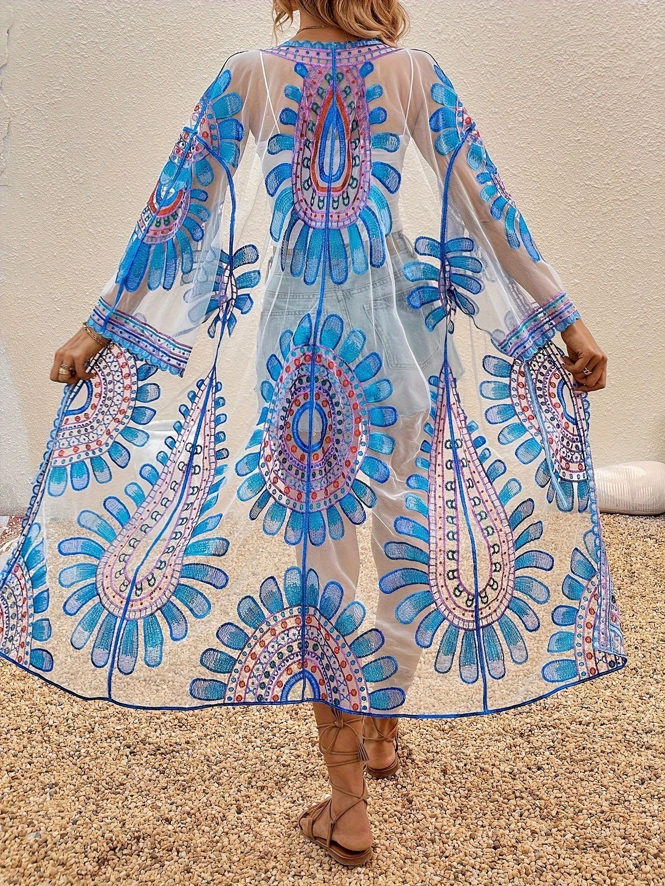 Women's Mesh Kimono Cover-Up with Floral Embroidery for Beach and Resort Wear
