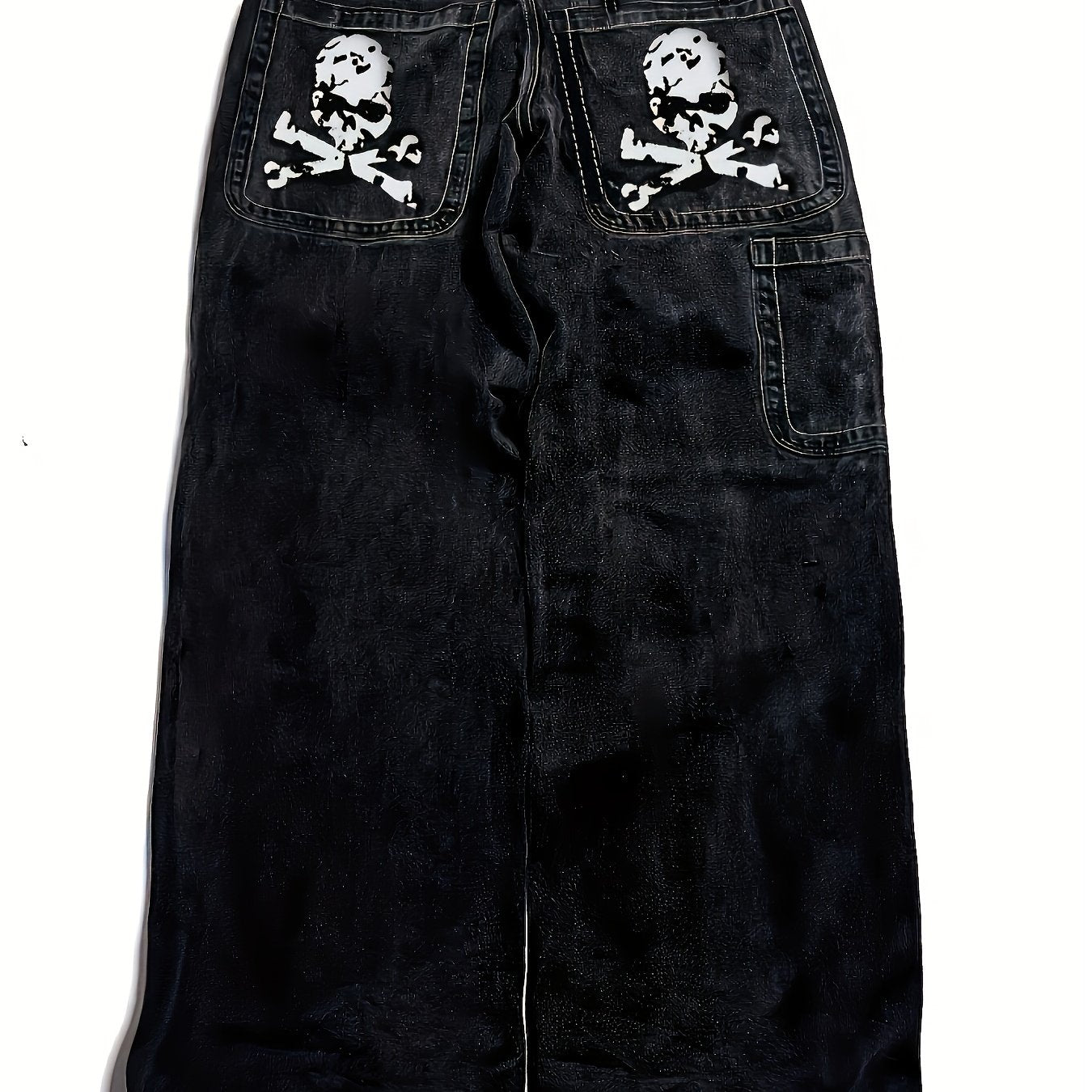 Men's Y2K Style Skull Print Wide Leg Jeans with Flap Pockets Streetwear Denim Plus Size