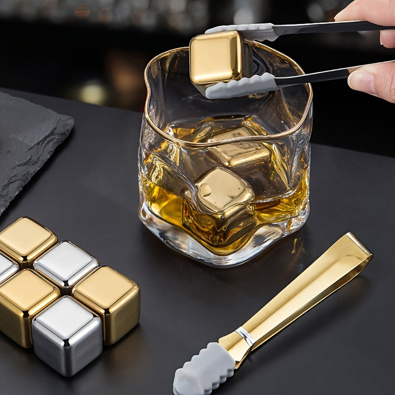Set of 8 Stainless Steel Whiskey Stones with Silicone Tong Golden for Chilling Beverages