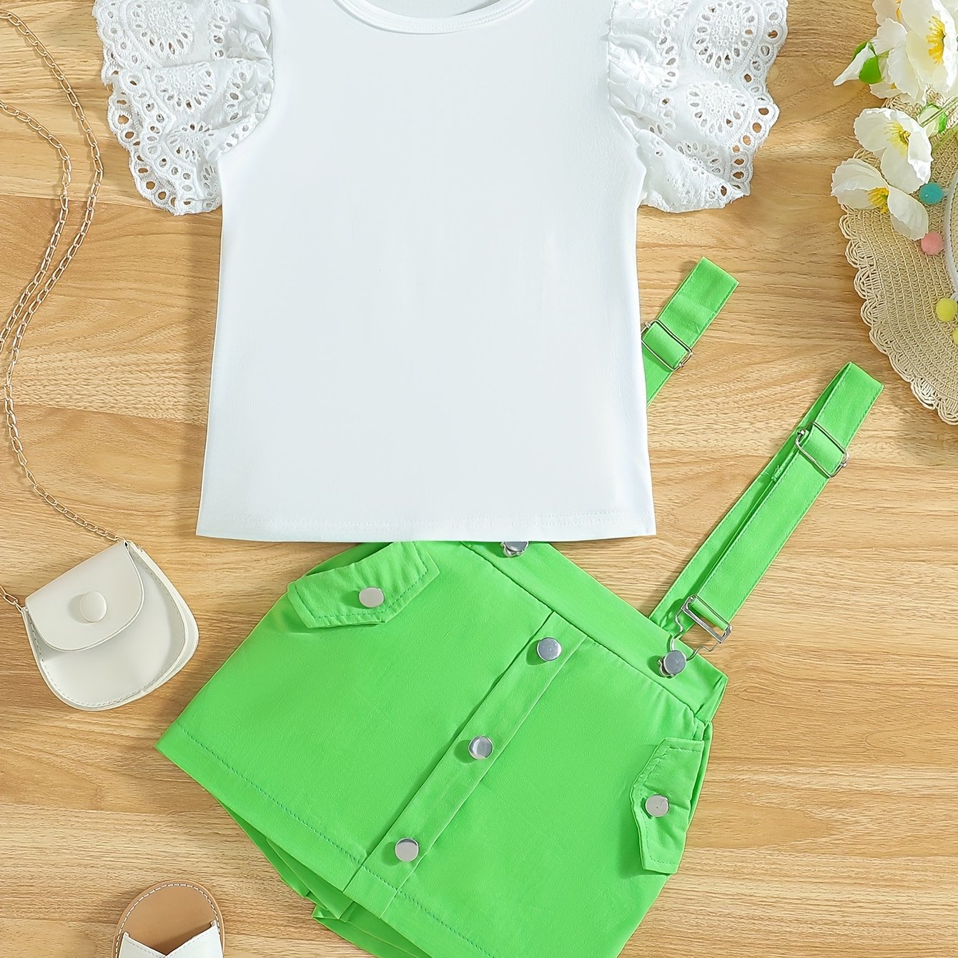 Girls Summer Outfit Ruffle Top and Suspender Shorts Cotton Solid Color Teen