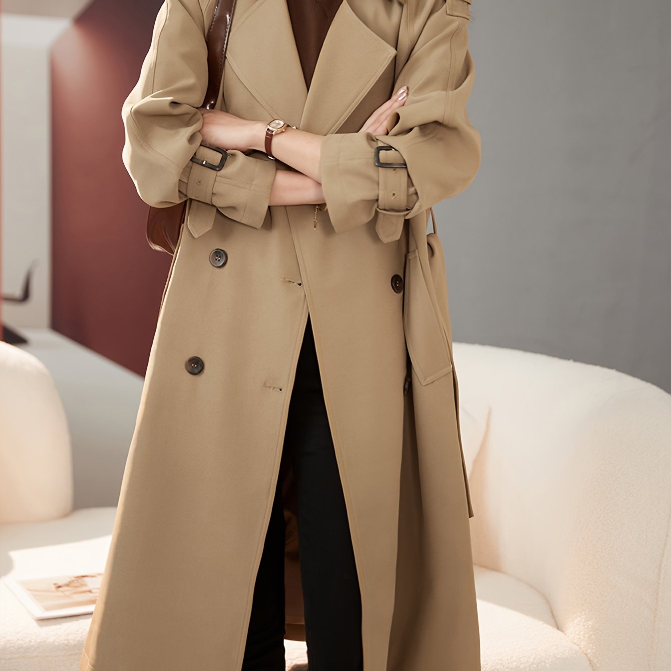 Solid Color Belted Windbreaker for Women Spring Autumn Fashion Coat