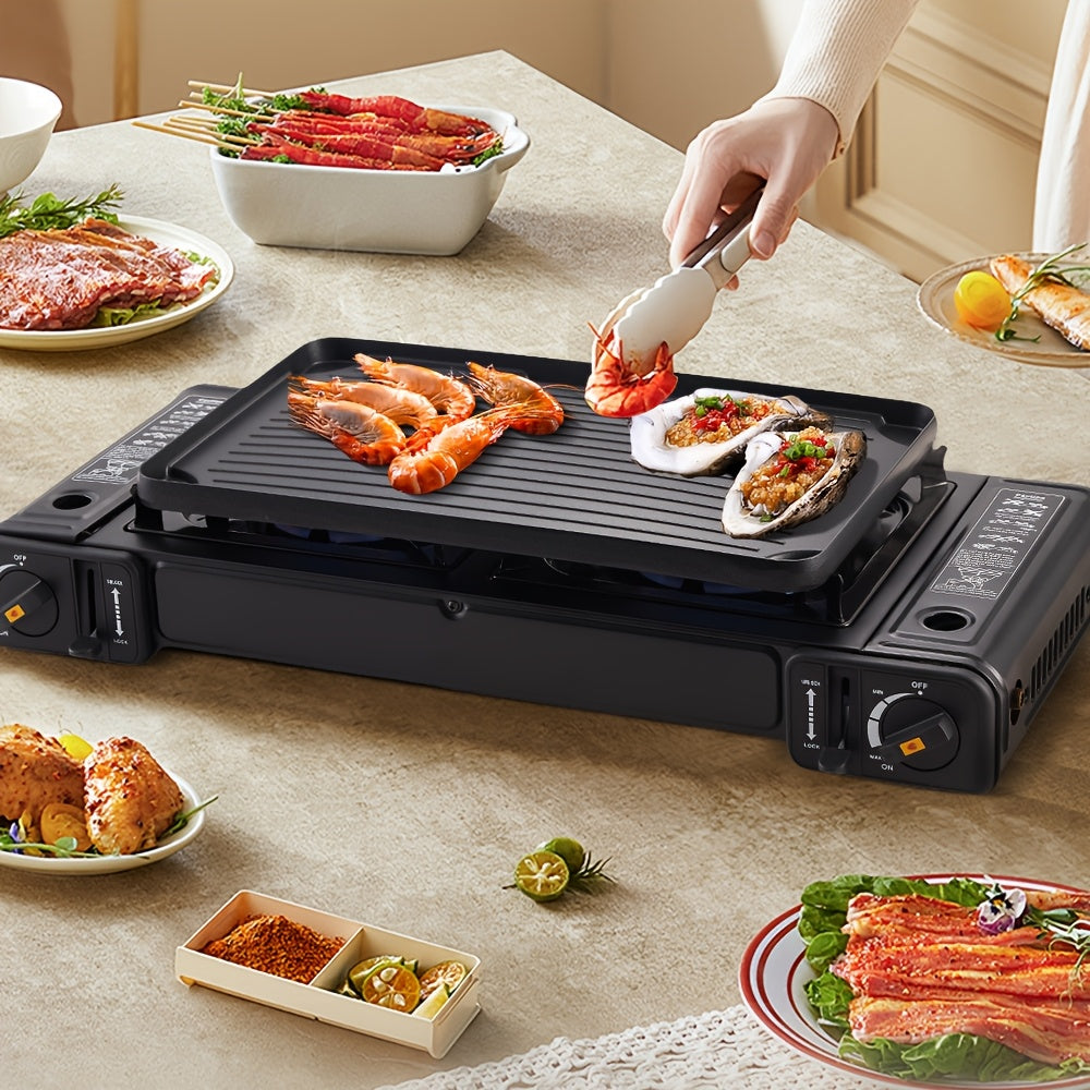 1 dona portativ kamping dual-bosh gaz pechka, sozlanadigan yong'ich bilan, 4600W quvvat, uy oshxona BBQ tashqi piknik barbekyu uchun