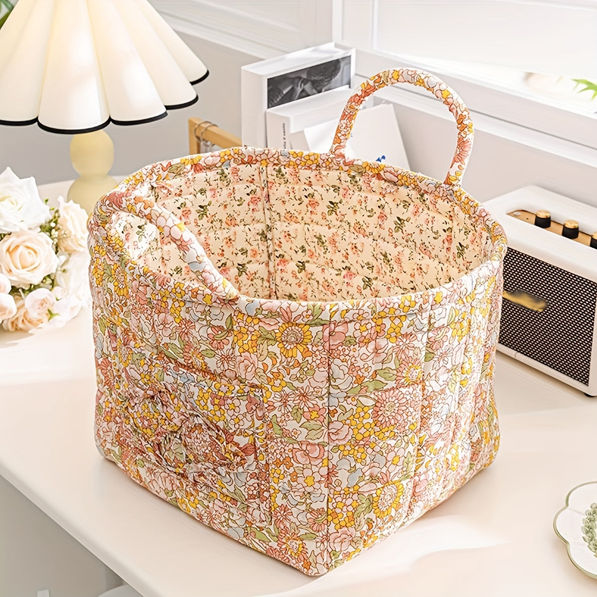 Rustic Quilted Floral Storage Basket for Baby Diapers and Toys