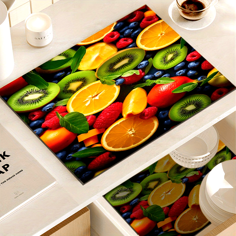 Fruit-Themed Print Dish Drying Mat Washable Absorbent Kitchen Pad Countertop Protector