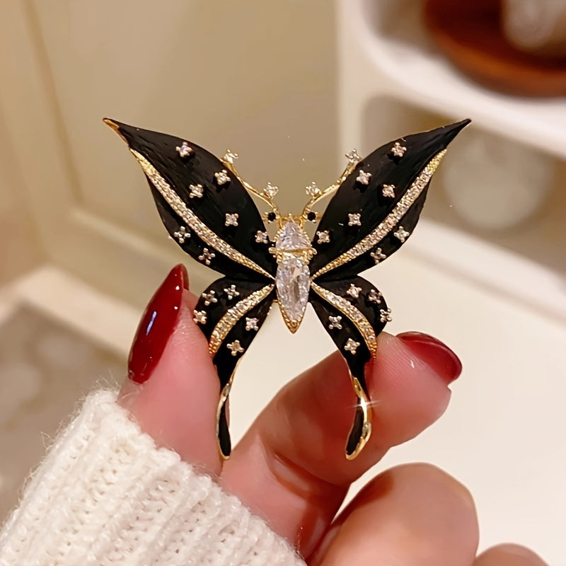 Broche mariposa negra de aleación con rhinestones, joyería elegante para suéteres y trajes