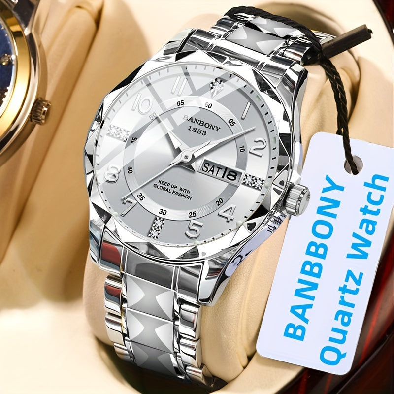 Men's Stainless Steel Quartz Watch with Roman Numeral Dial and Date Calendar
