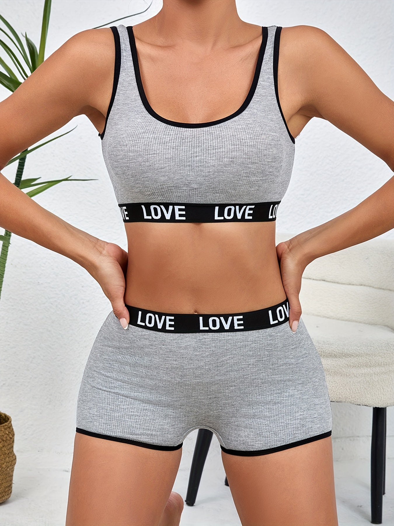 Women's Breathable Letter Print Lingerie Set with Bra Tank Top and Panties