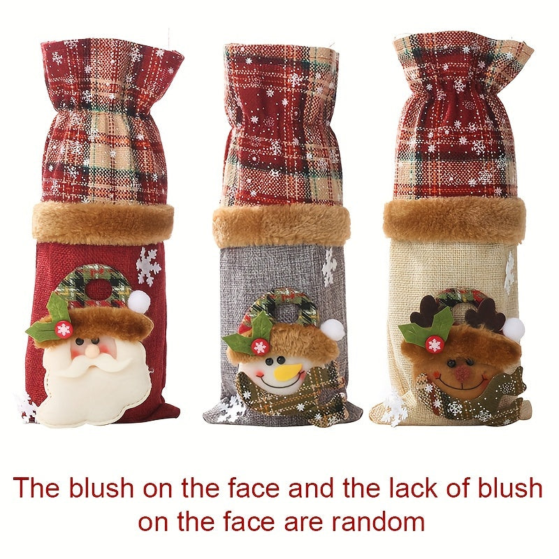 Set of 3 Christmas Wine Bottle Covers Plaid Linen Santa Reindeer Hand Washable Canvas Bags