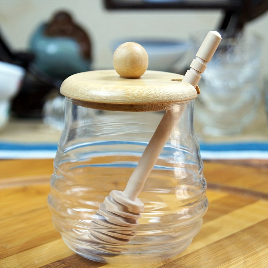 Glass Honey Jar with Bamboo Lid and Dipper for Kitchen Storage and Baking