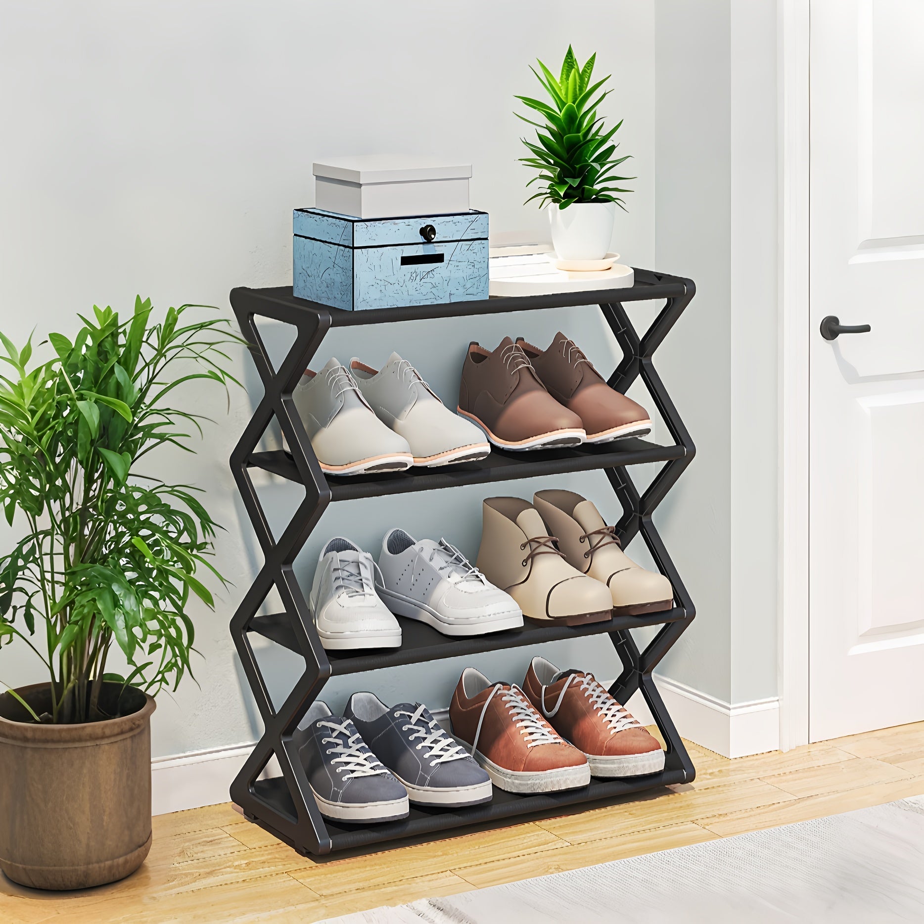 4-Tier Foldable Plastic Shoe Rack with 12-Pair Capacity Vintage Design Stackable No Assembly