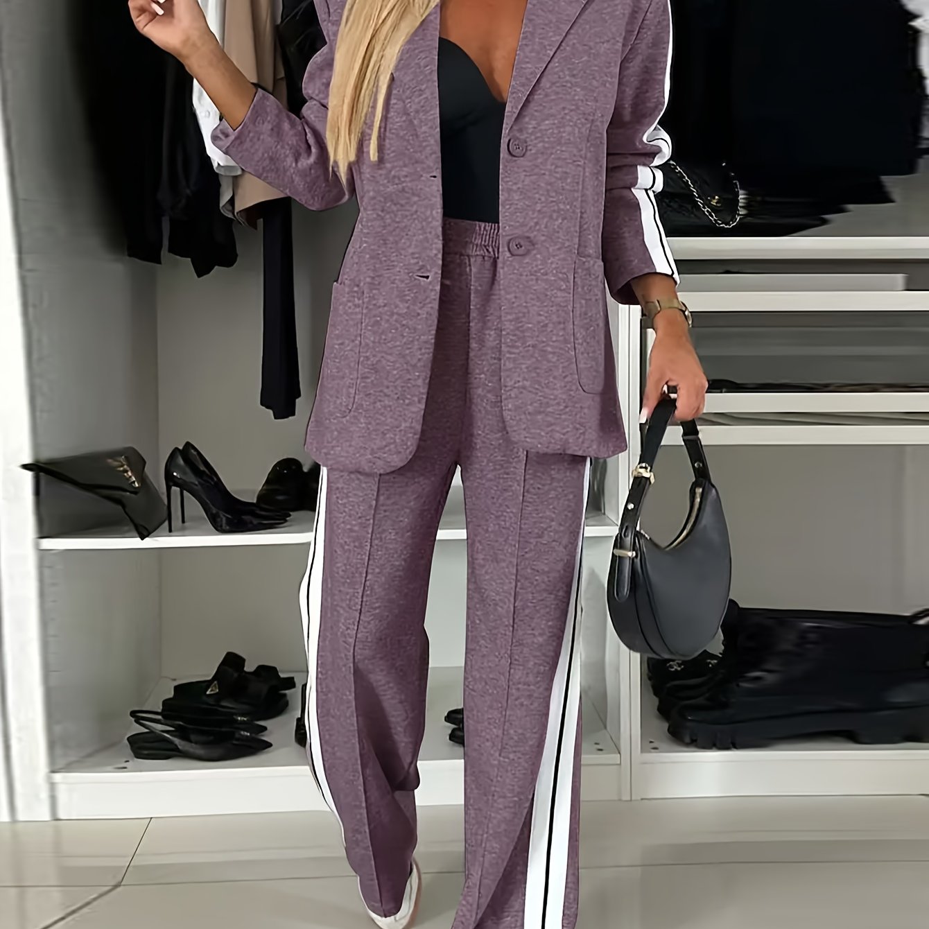 Women's Fall Winter Polyester Knit Suit with Lapel Blazer and Side Stripe Pants