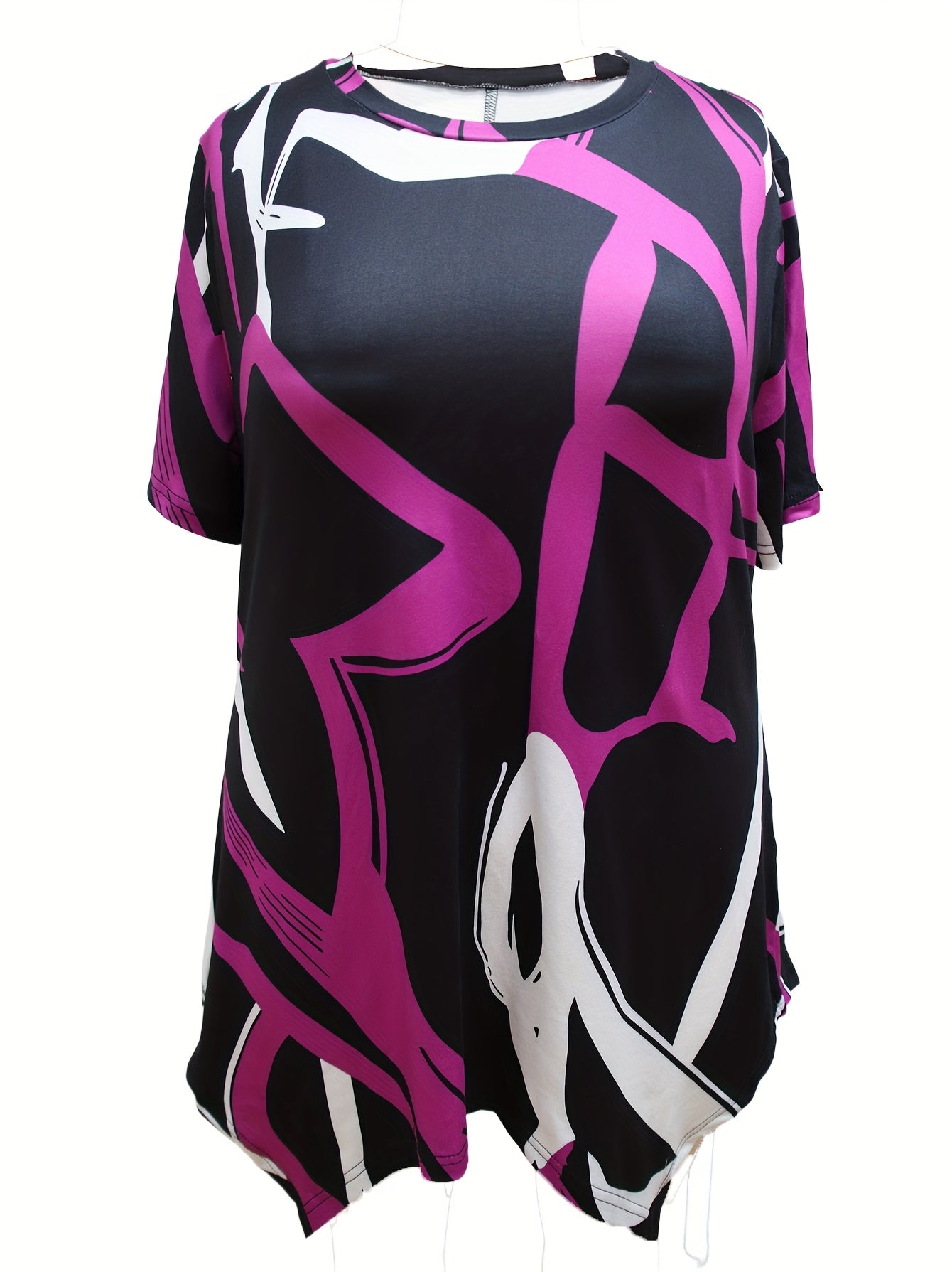 Plus Size Colorful Block T-Shirt for Women Casual Short Sleeve Abstract Print Knit Fabric