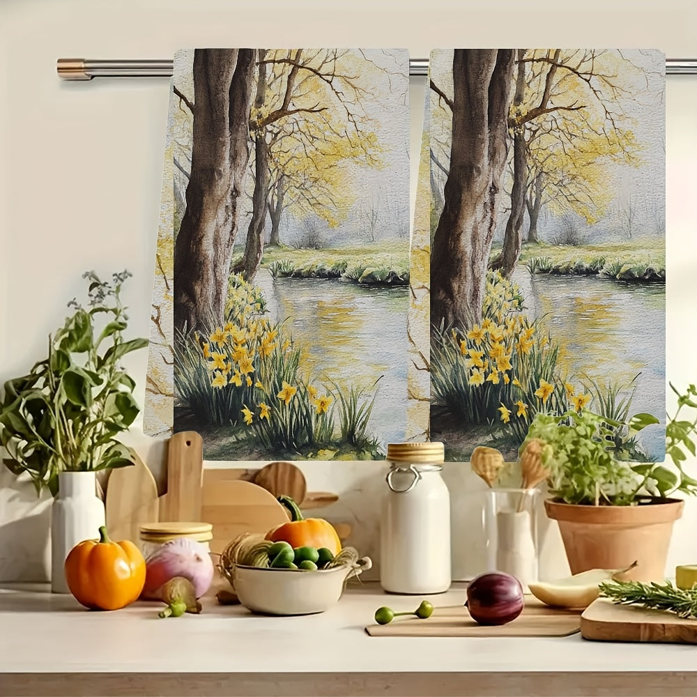 Set of 2 Spring Morning Kitchen Towels Yellow Trees Daffodils Absorbent