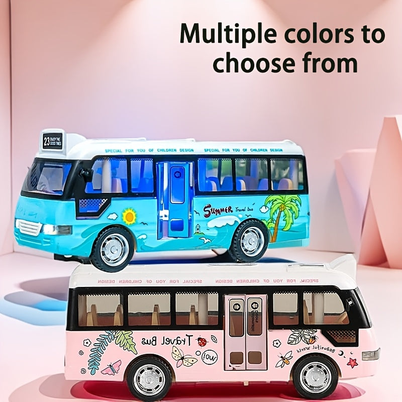 Juguete de autobús escolar a fricción con luces y sonidos para niños de 3 años en adelante, color azul cielo y rosa, de plástico y zamac