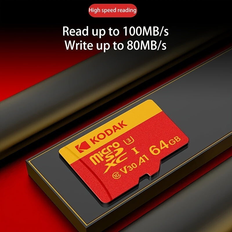 Kodak Micro SD karta TF xotira kartasi adapter bilan, 32GB, 64GB yoki 128GB sig'imda mavjud, C10 A1 TF flesh-karta.