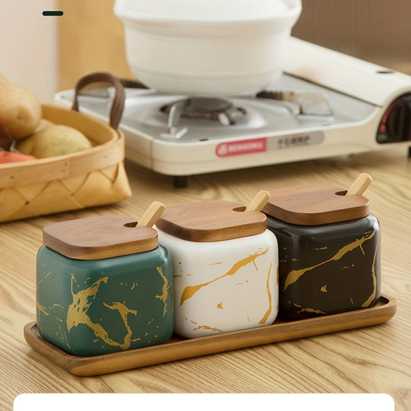 Ceramic Spice Set with Salt and Pepper Jars and Wooden Lids for Kitchen Decor