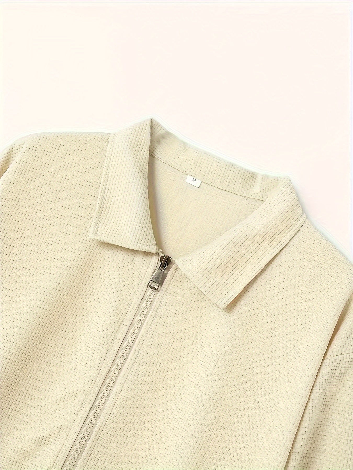 Men's Beige Waffle Knit Tracksuit Set Full-Zip Jacket and Jogging Pants Polyester Spandex