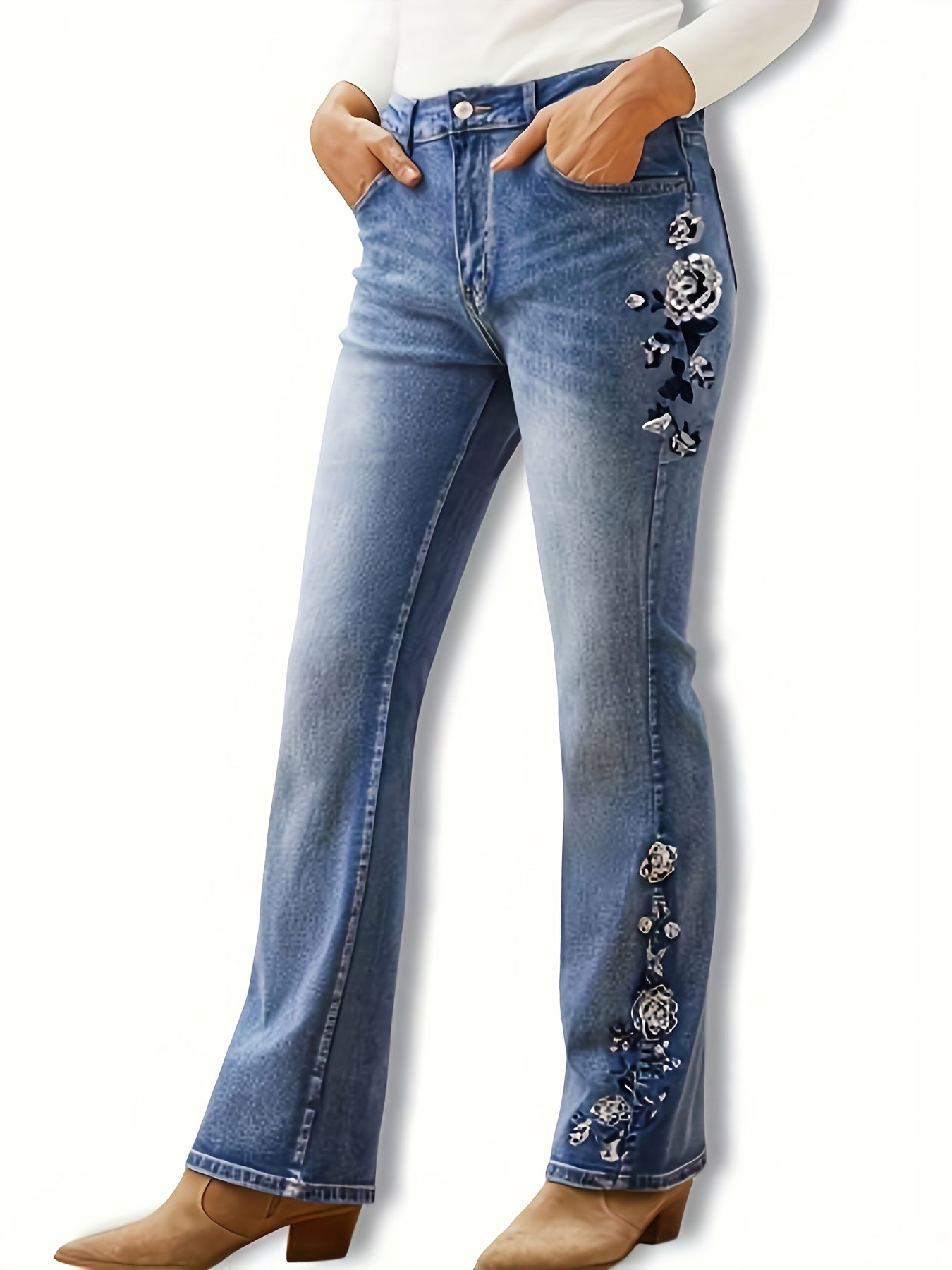 Plus Size Women's Slim Fit Stretch Denim Flared Pants Blue Wash Casual Comfort