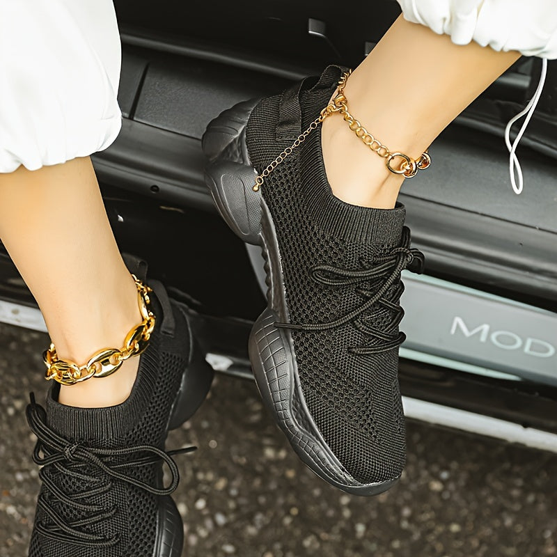 Women's Solid Color Platform Sneakers Breathable Lace-Up Running Shoes Plus Size