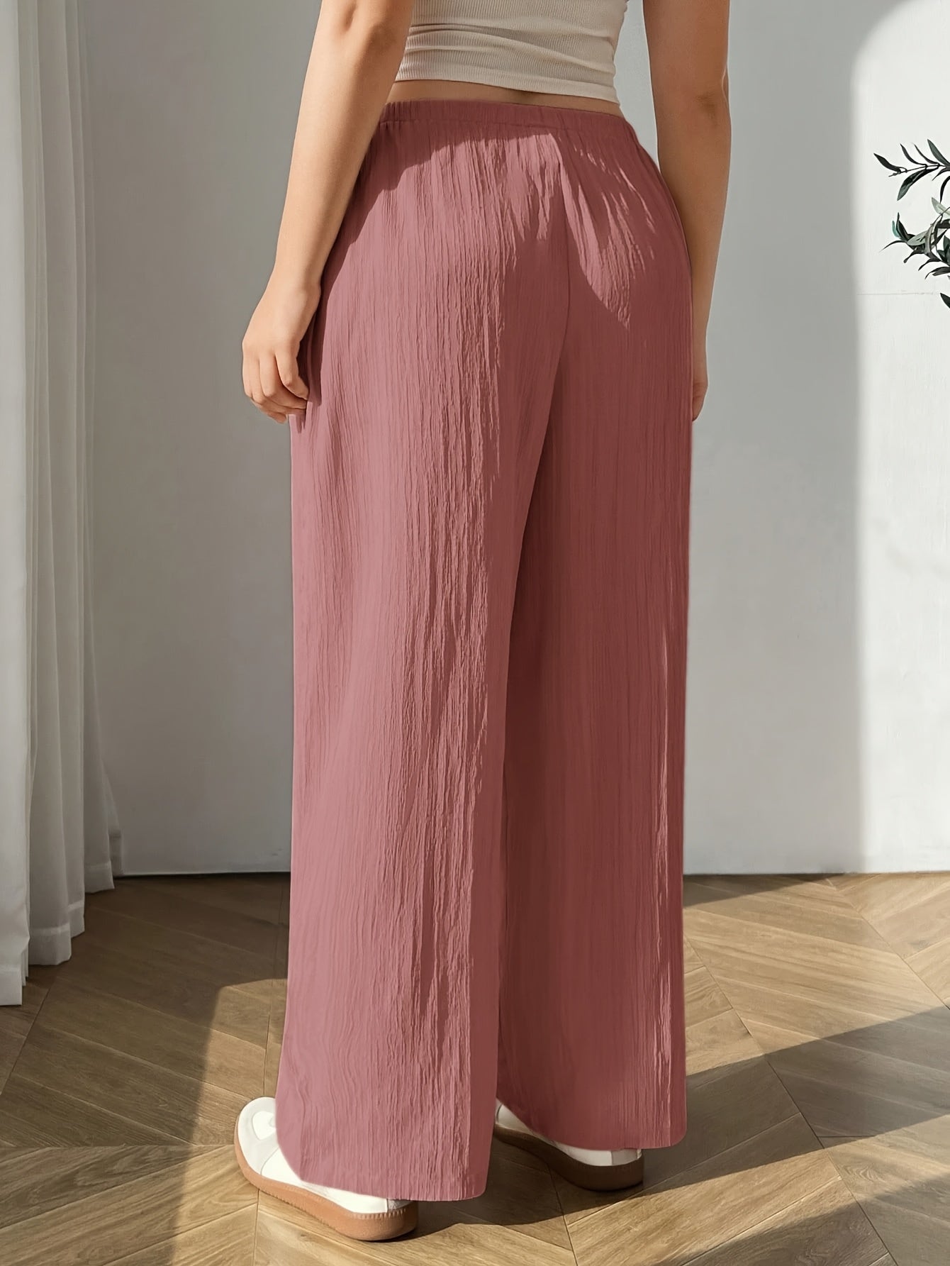 Plus Size Women's Casual Pants Polyester Pink Drawstring Straight Leg