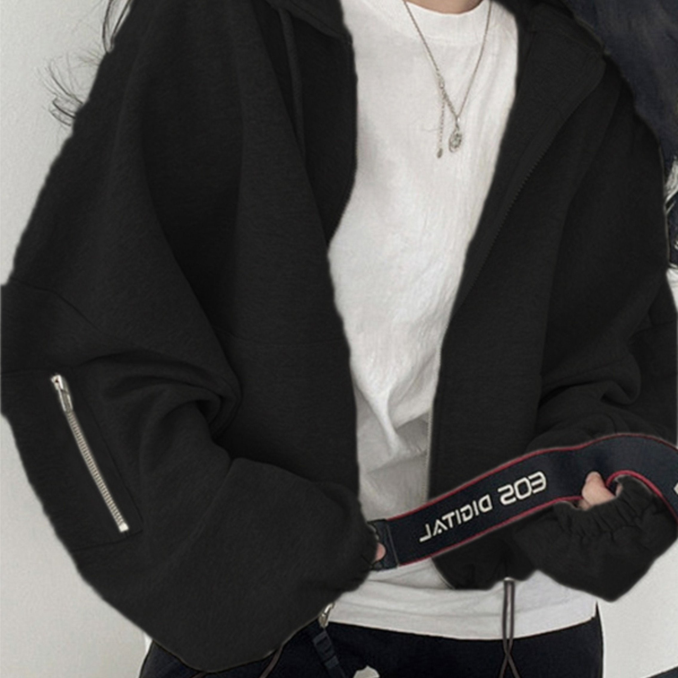 Women's Black Cropped Hoodie Jacket with Zip-Up Closure and Side Pockets