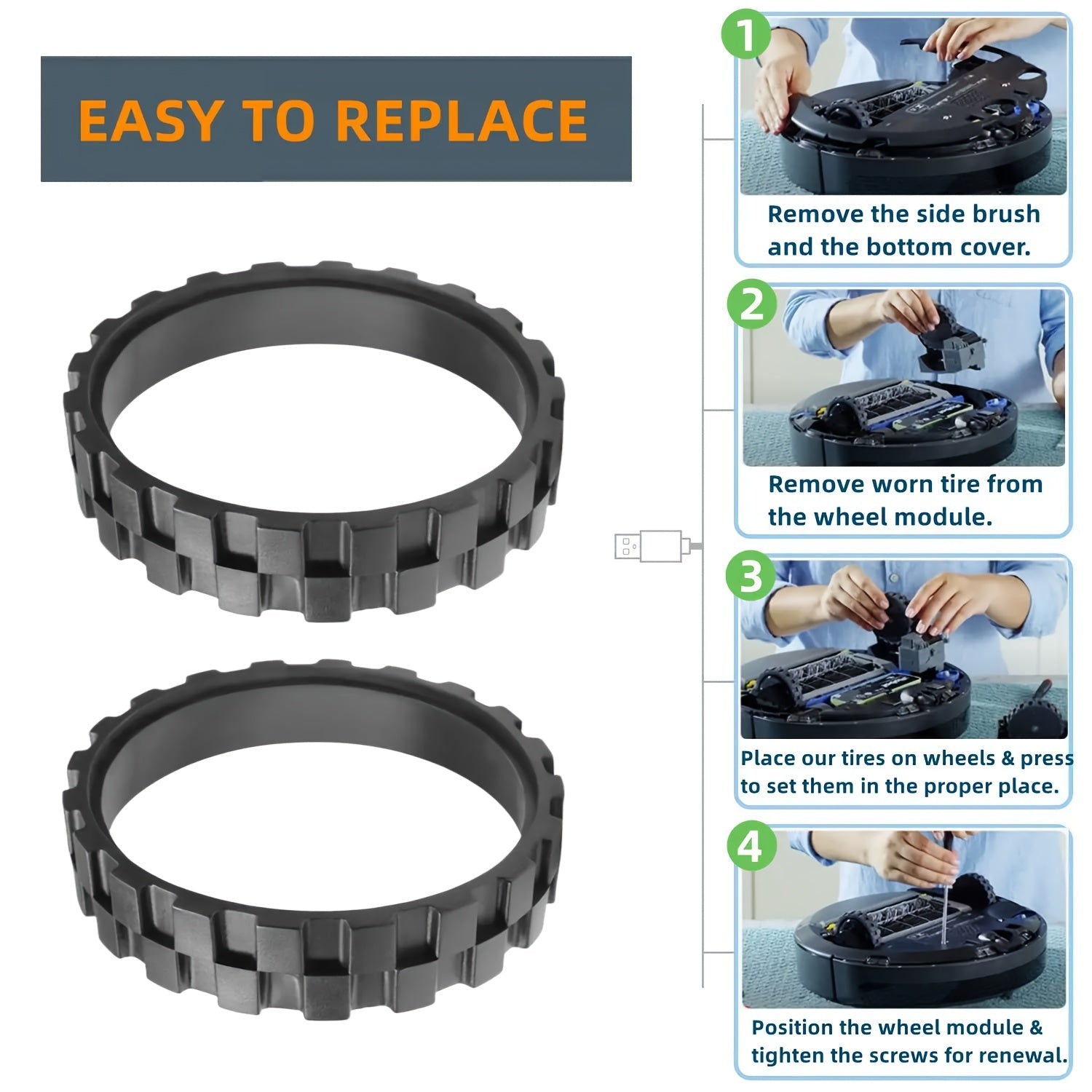 iRobot va Roomba uchun shinalarni va oldingi g'ildiraklarni oson almashtirish - uzoq muddatli silikon materialidan tayyorlangan, sirpanishni oldini oladi, 500/600/700/800/900/E5/E6/i7 seriyalari bilan mos keladi.
