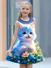 Sevimli Qizlar uchun Moviy Yengsiz Mushuk Libosi, Gullar Printi bilan, 100% Polyesterdan tayyorlangan. Yoshlar uchun tasodifiy yozgi kiyim, qulay to'qilgan.