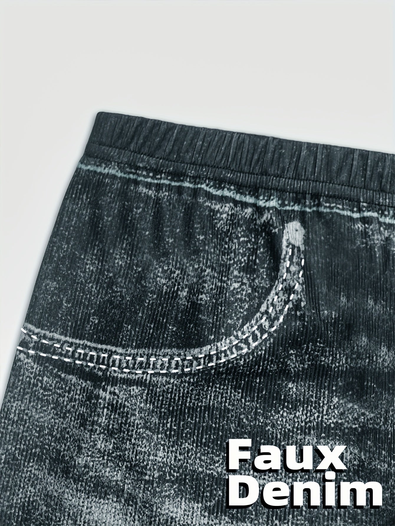 Plus Size Women's Stretchy Denim-Print Mid-Length Shorts Faux Pockets All-Season