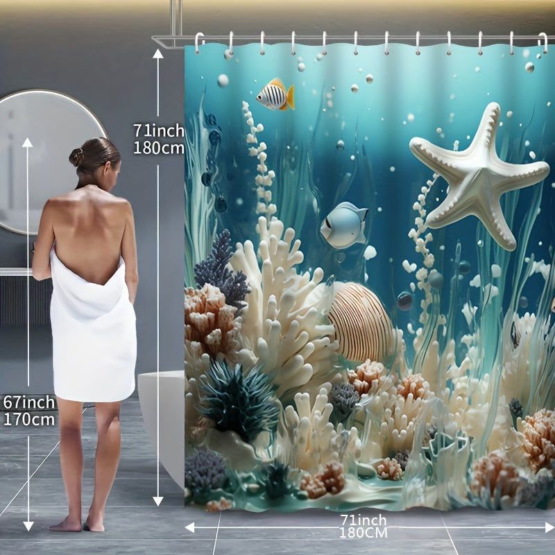 Koʻk koral bosma dush pardasi toʻplami, suv oʻtkazmaydigan pardali mato va ganchlar bilan