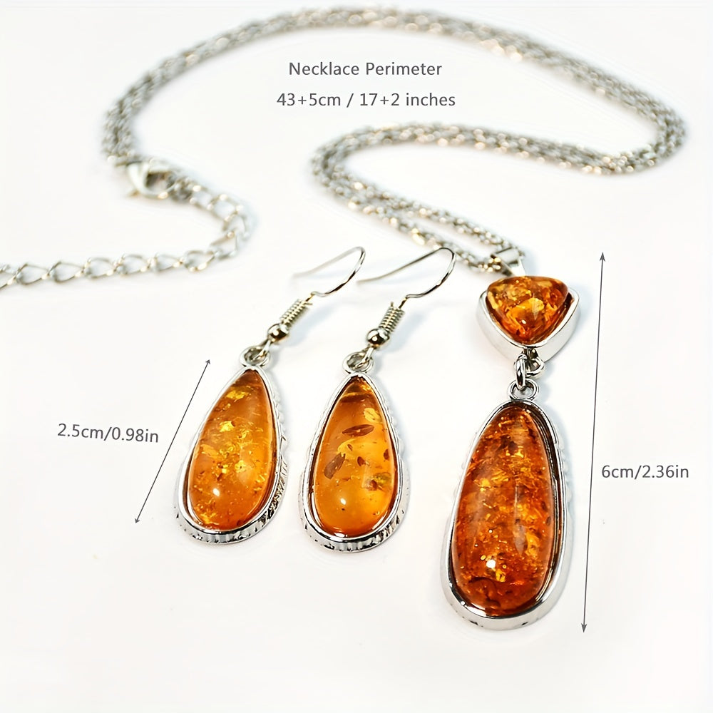 Vintage Amber Teardrop Pendant Necklace and Earrings Set for Women with Natural Stone and Geometric Chain