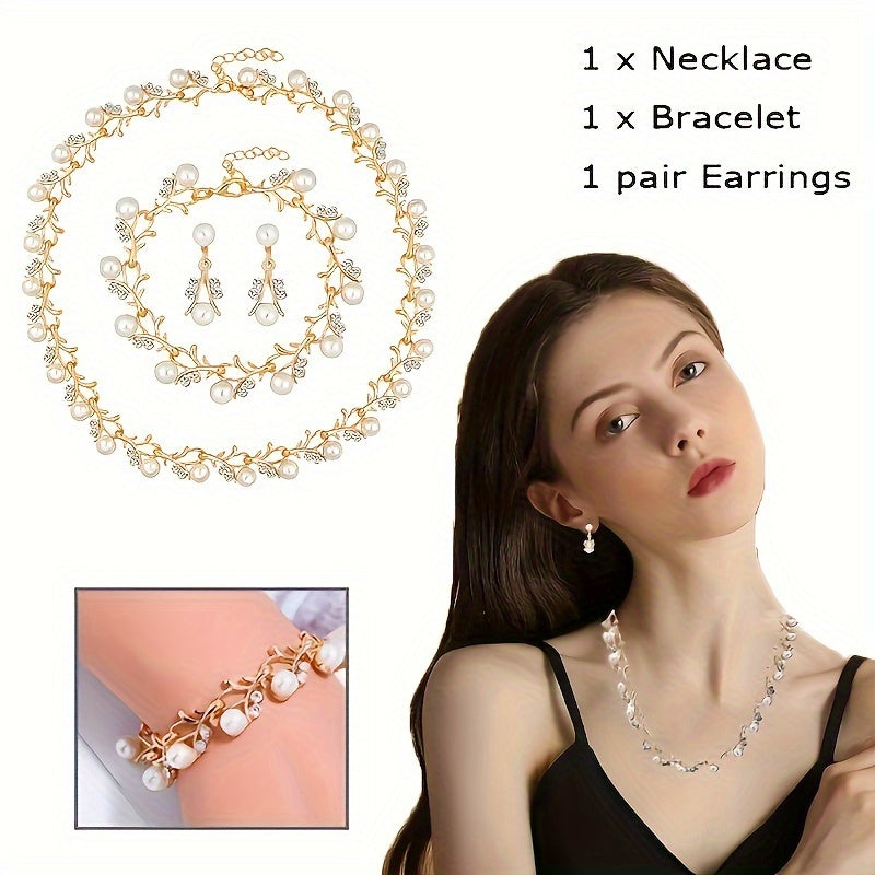 Women’s Gold-Plated Jewelry Set with Imitation Pearls Necklace and Earrings