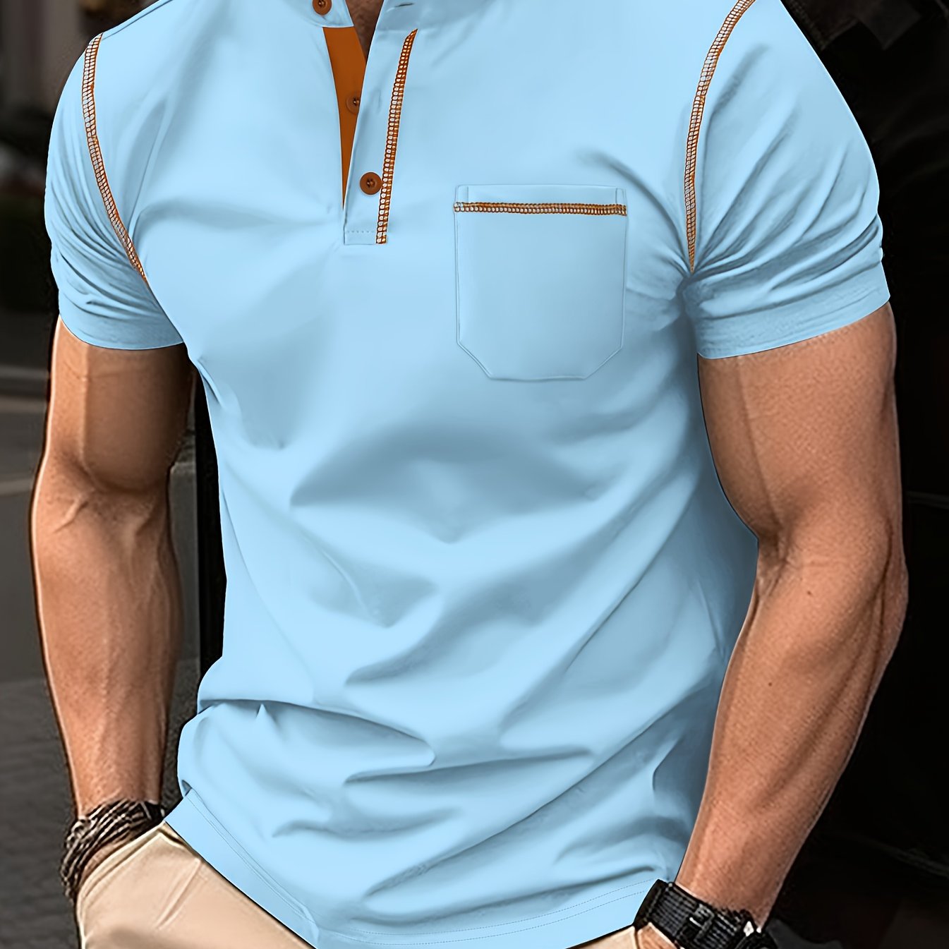 Camisa polo de punto de poliéster para hombre con bolsillo, manga corta, cuello alto, ajuste regular, casual