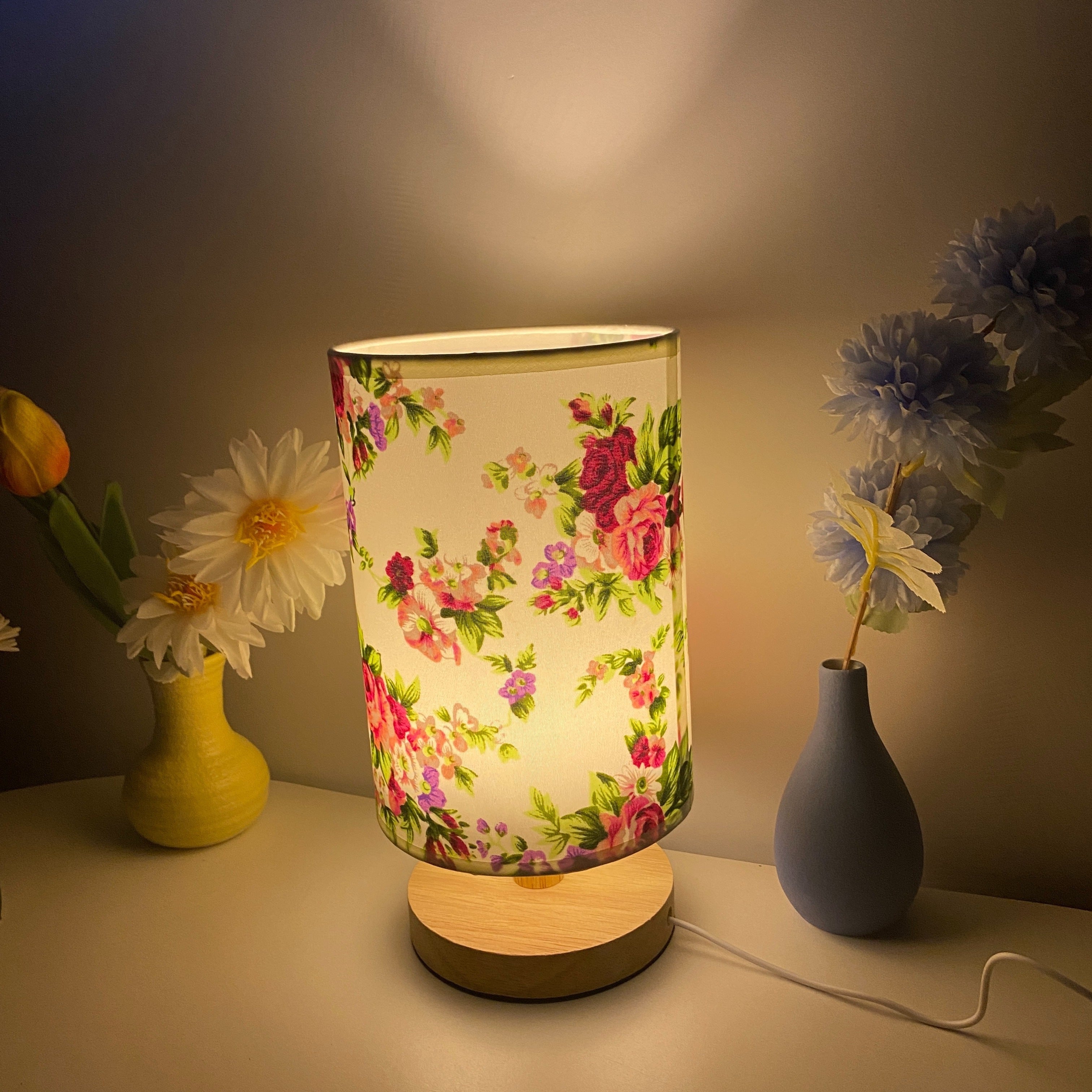 Flower Print Wooden Bedside Table Lamp with Nightstand Function