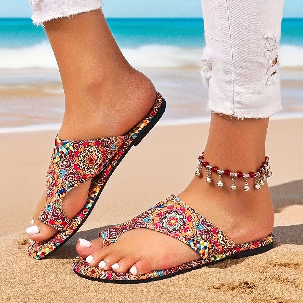 Women's Bohemian Geometric Print Slip-On Flat Summer Sandals with Breathable Fabric
