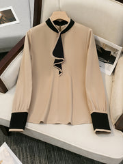 Women's Beige Blouse with Black Ruffle Trim Contrast Collar Long Sleeve Polyester All-Season Elegant Top