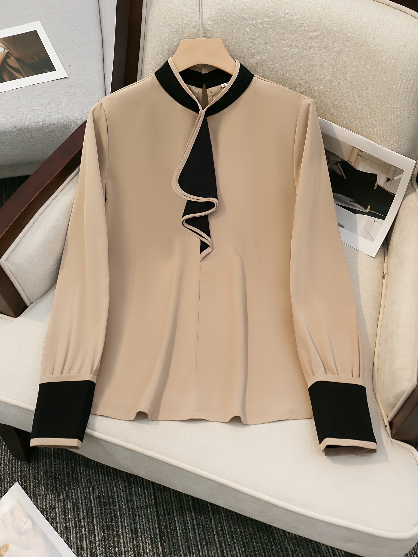 Women's Beige Blouse with Black Ruffle Trim Contrast Collar Long Sleeve Polyester All-Season Elegant Top