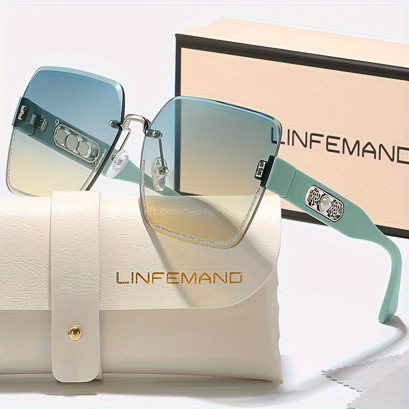 Frameless Gradient Fashion Eyeglasses with Pearl Flower Decoration for Men Women PC Lens Plastic Frame