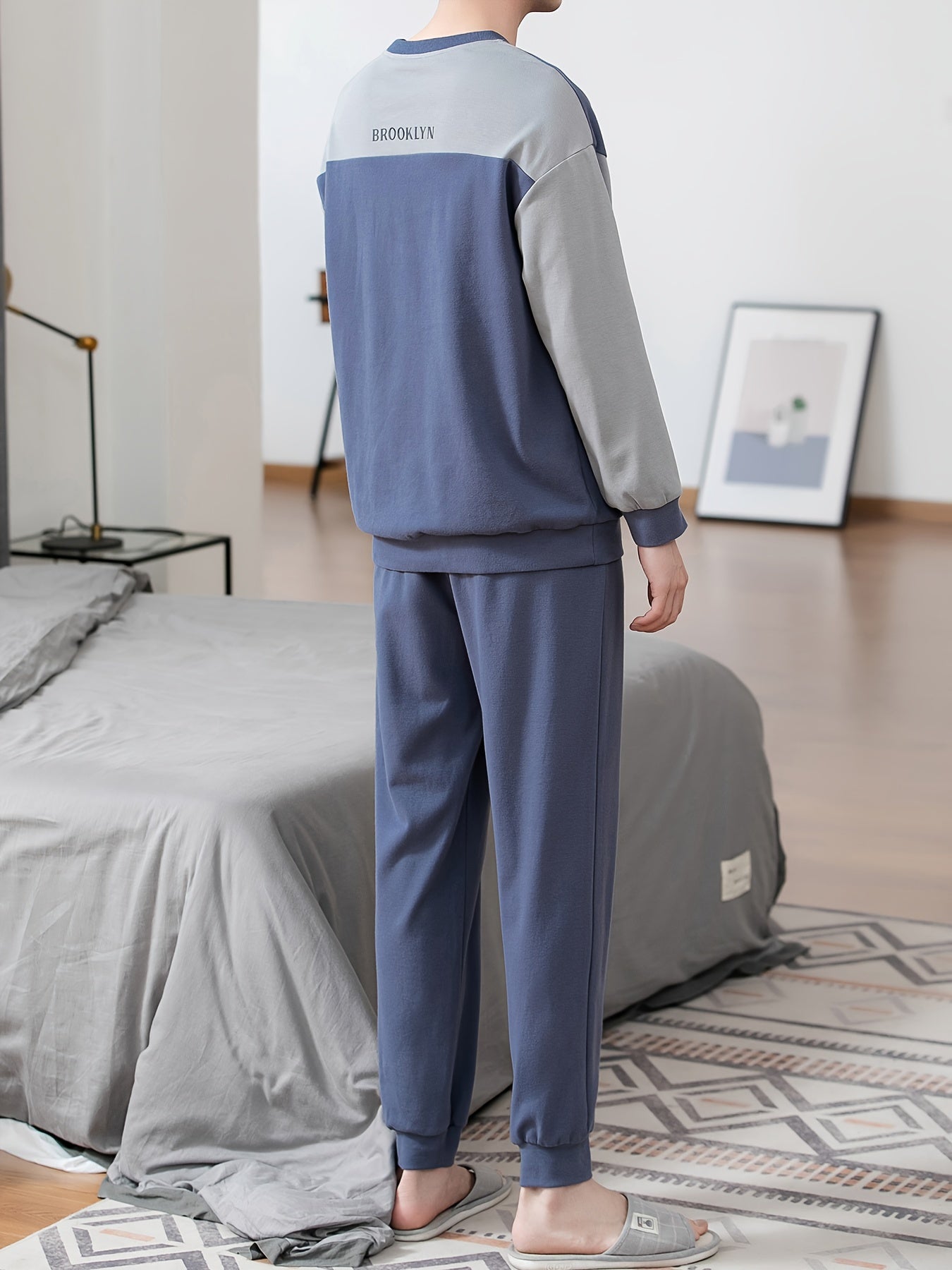 Men's Color Block Pajama Set with Letter Graphic Long Sleeve Crew Neck Top and Loose Pants for Spring and Fall