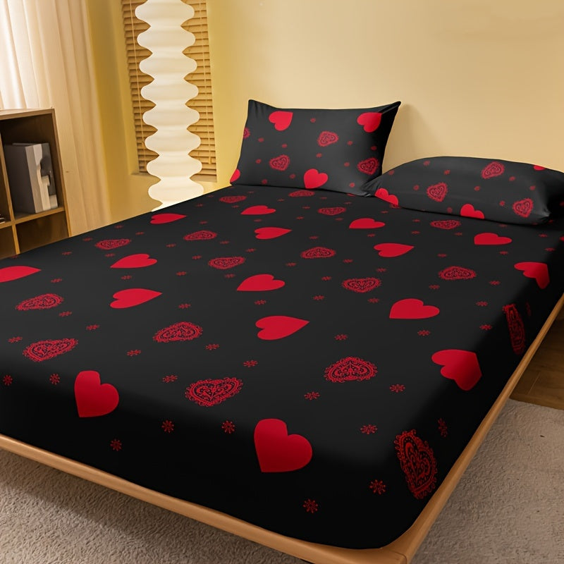 Red Love Print Fitted Sheet 1pc Brushed Bedding Mattress Protector with Deep Pocket