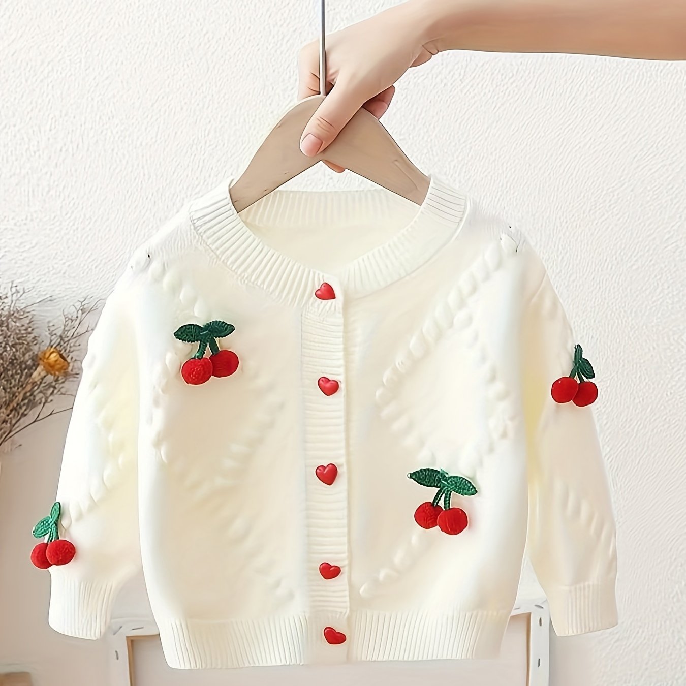 Girls Baby Sweater Jacket Autumn Winter Cherry Pattern Knit Crew Neck 0-3 Years
