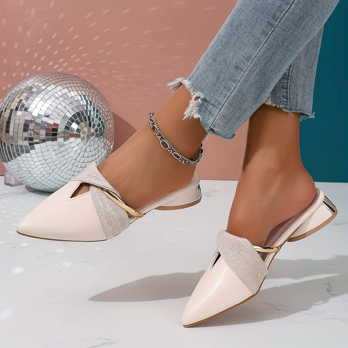 Women's Summer Leather Pointed Toe Sandals with Thick Heel and Support