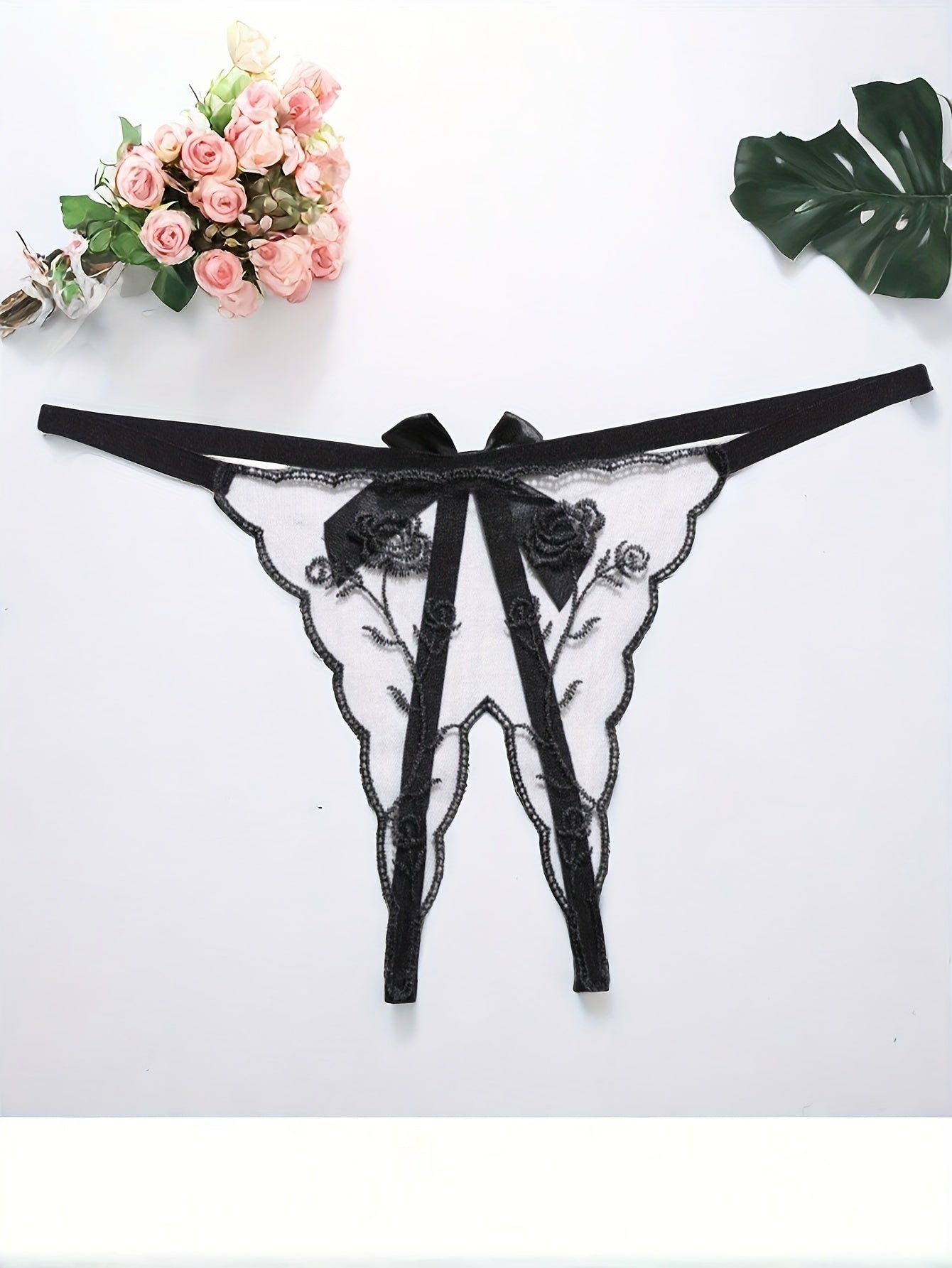 Women's Transparent Thong with Embroidered Red Rose Flowers and Low Waist Trousers