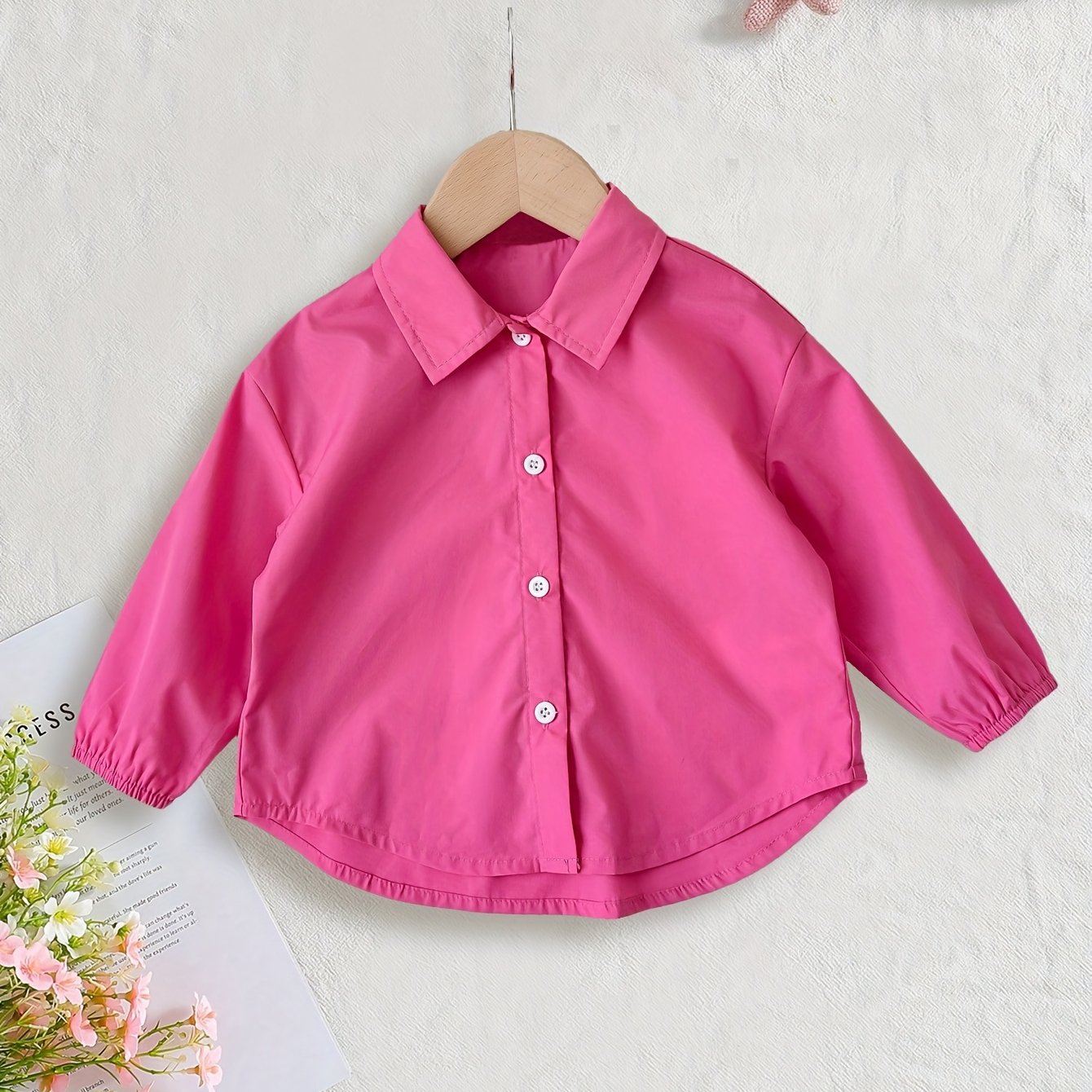 Girls' Pink Button-Up Shirt Jacket for Toddlers and Kids Spring Fall Casual Polyester