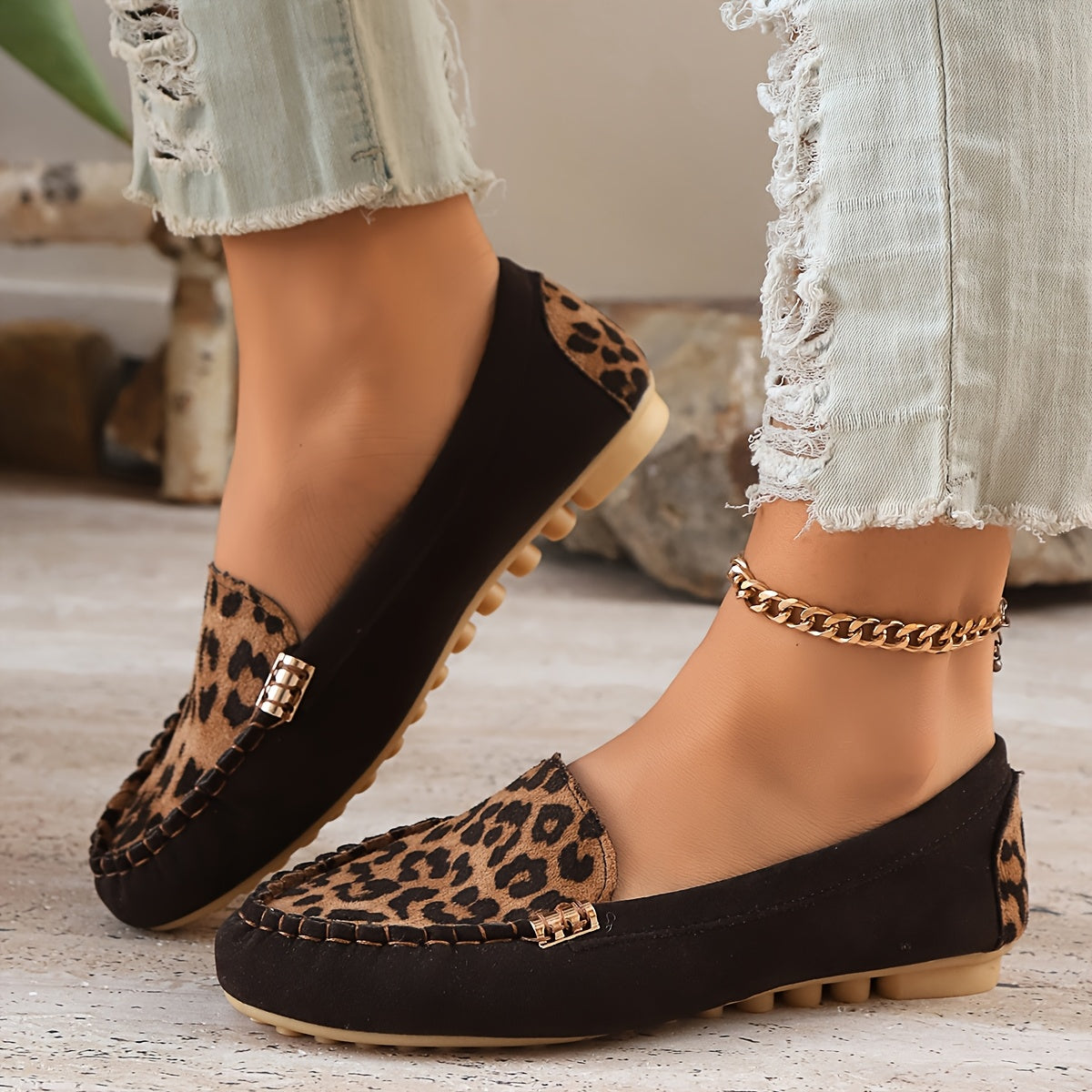 Women's Leopard Print Patchwork Loafers Slip-On Comfort All-Season Shoes