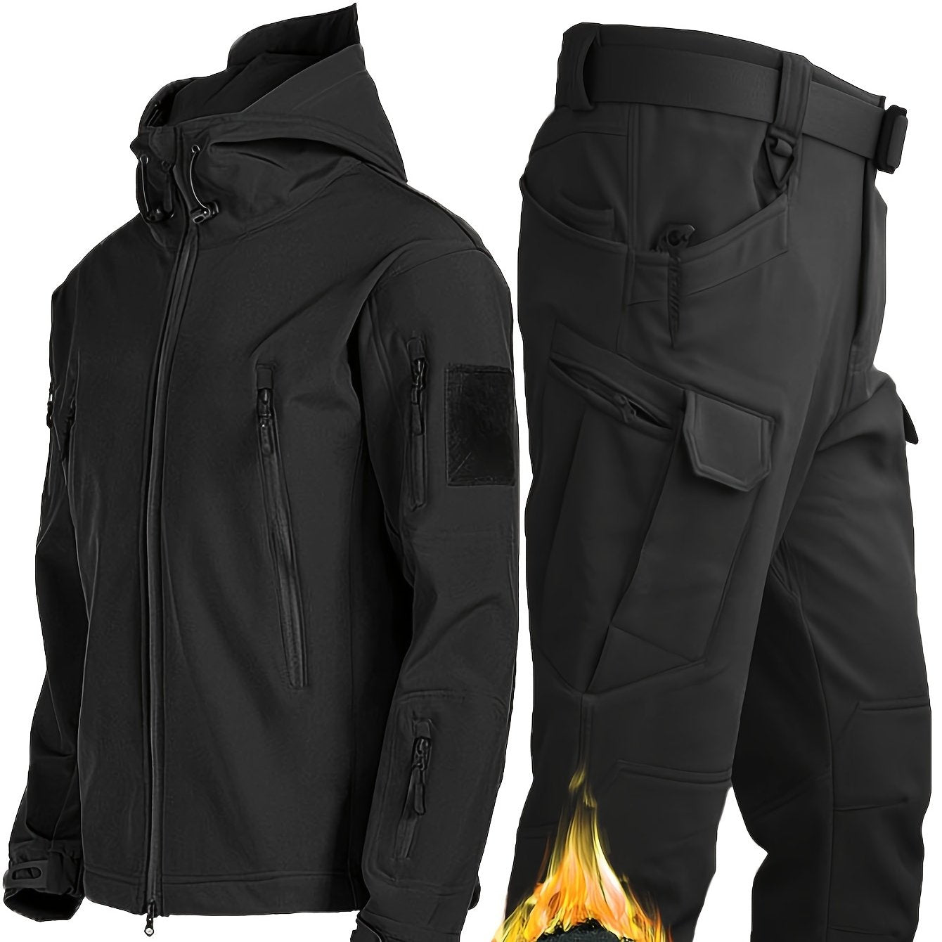 Men's Winter Outdoor Fleece Hooded Jacket and Pants Set with Pockets for Hiking Sports and Casual Wear